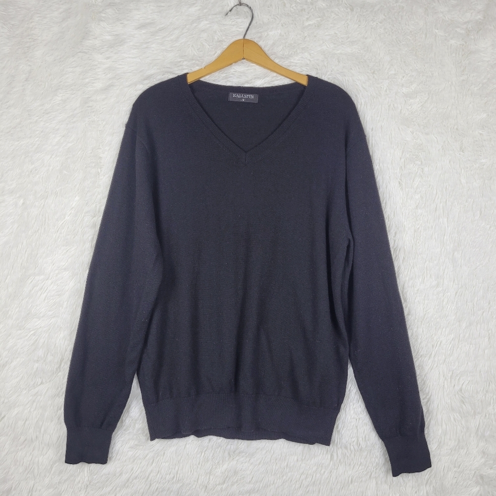 Kallspin Mens M Black Cashmere Wool Blend V Neck Sweater Casual